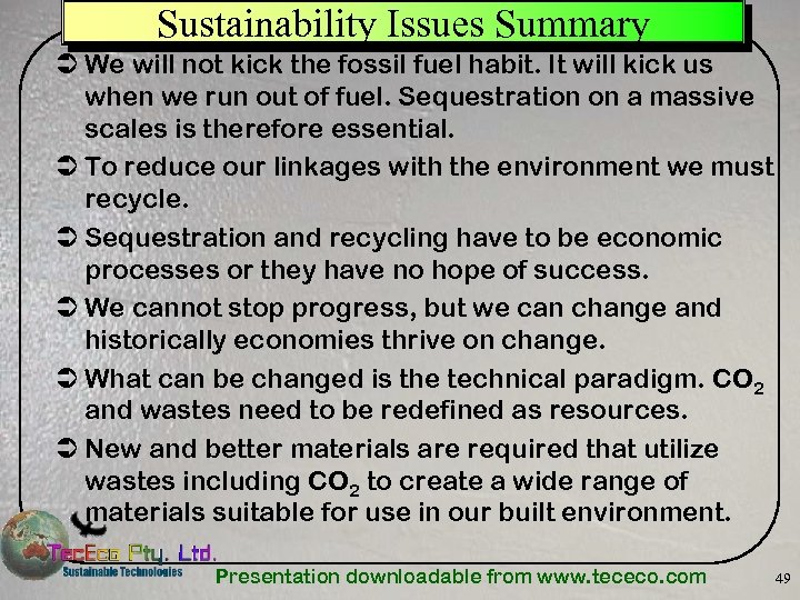 Sustainability Issues Summary Ü We will not kick the fossil fuel habit. It will