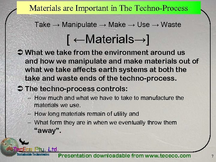 Materials are Important in The Techno-Process Take → Manipulate → Make → Use →