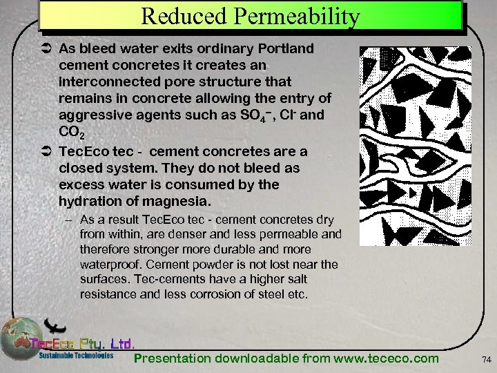 Reduced Permeability Ü As bleed water exits ordinary Portland cement concretes it creates an