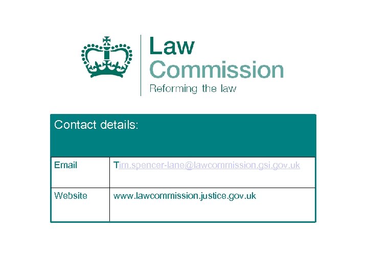 Contact details: Email Tim. spencer-lane@lawcommission. gsi. gov. uk Website www. lawcommission. justice. gov. uk