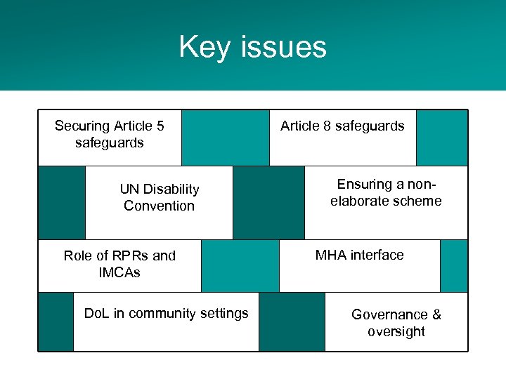 Key issues Securing Article 5 safeguards UN Disability Convention Role of RPRs and IMCAs