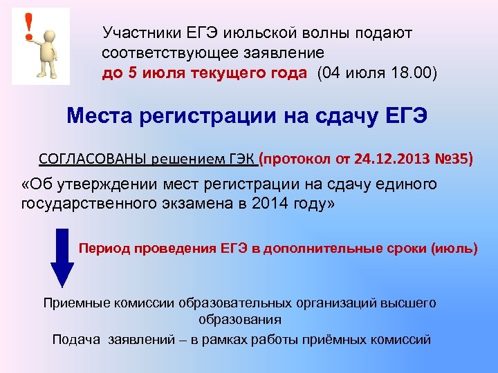 Участники ЕГЭ июльской волны подают соответствующее заявление до 5 июля текущего года (04 июля
