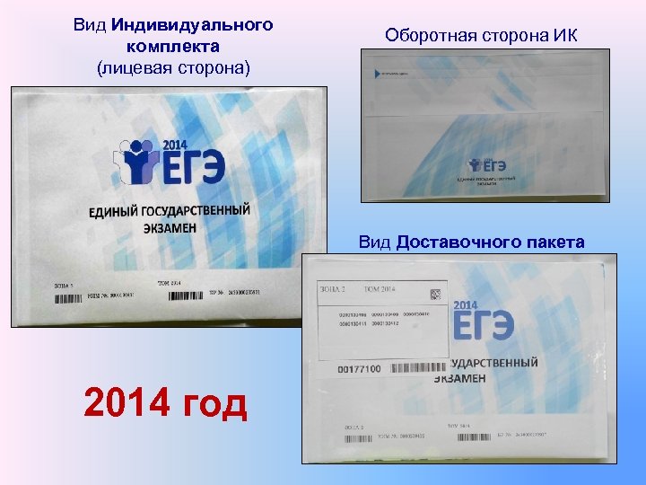 Вид Индивидуального комплекта (лицевая сторона) Оборотная сторона ИК Вид Доставочного пакета 2014 год 