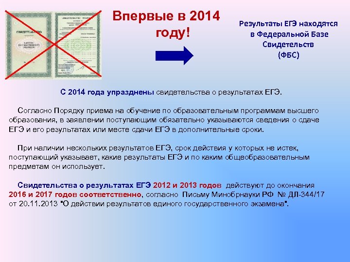 Впервые в 2014 году! Результаты ЕГЭ находятся в Федеральной Базе Свидетельств (ФБС) С 2014
