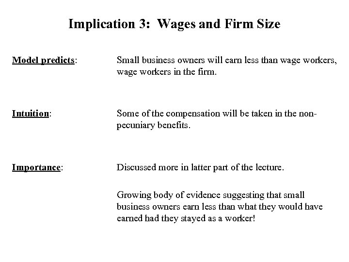 Implication 3: Wages and Firm Size Model predicts: Small business owners will earn less