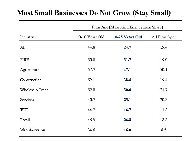 Most Small Businesses Do Not Grow (Stay Small) Firm Age (Measuring Employment Share) Industry