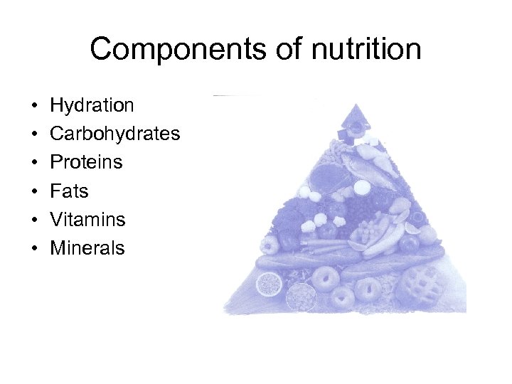 Components of nutrition • • • Hydration Carbohydrates Proteins Fats Vitamins Minerals 