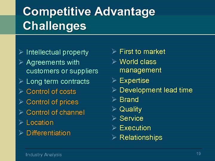 Competitive Advantage Challenges Ø Intellectual property Ø Agreements with customers or suppliers Ø Long