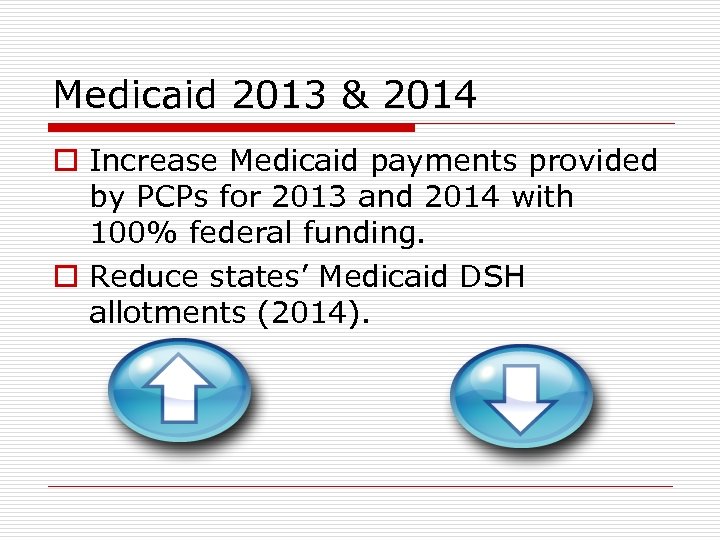 Medicaid 2013 & 2014 o Increase Medicaid payments provided by PCPs for 2013 and