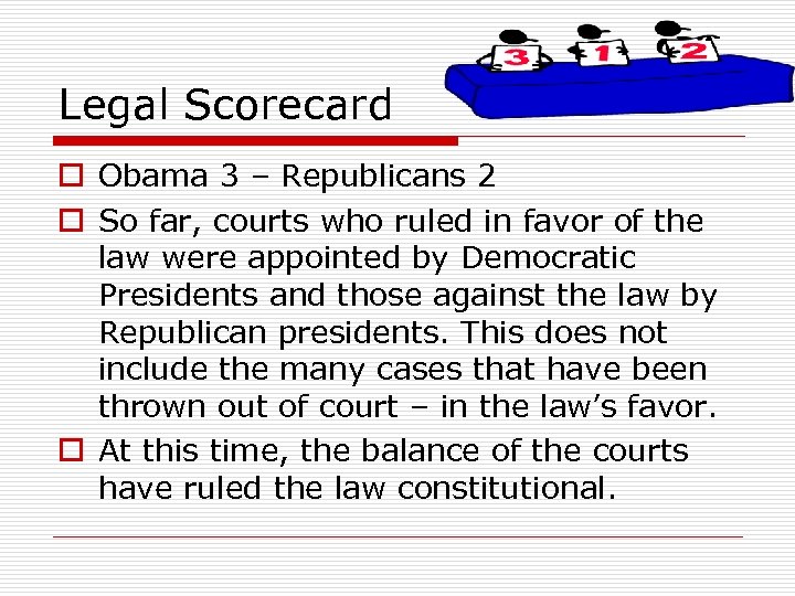 Legal Scorecard o Obama 3 – Republicans 2 o So far, courts who ruled