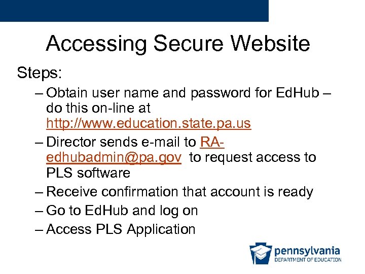 Accessing Secure Website Steps: – Obtain user name and password for Ed. Hub –