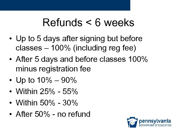 Refunds < 6 weeks • Up to 5 days after signing but before classes