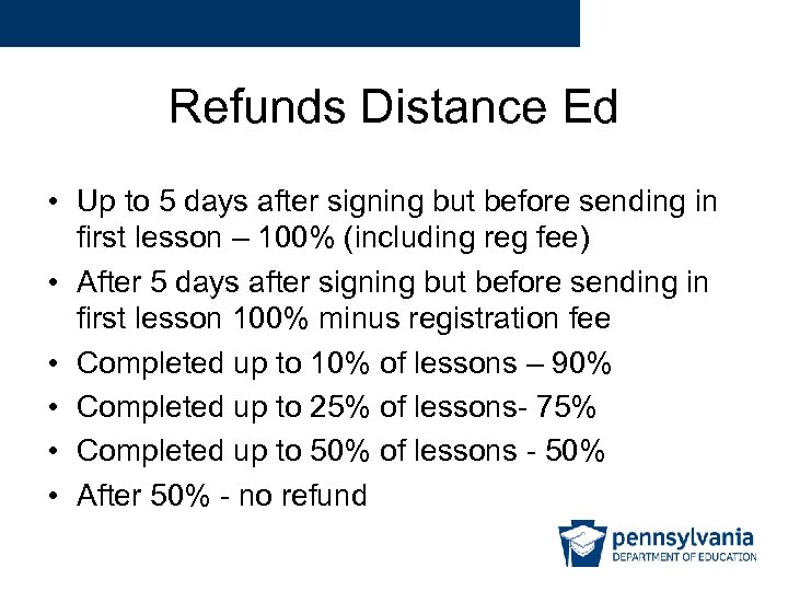 Refunds Distance Ed • Up to 5 days after signing but before sending in