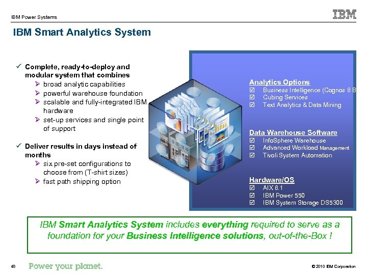 IBM Power Systems IBM Smart Analytics System ü Complete, ready-to-deploy and modular system that