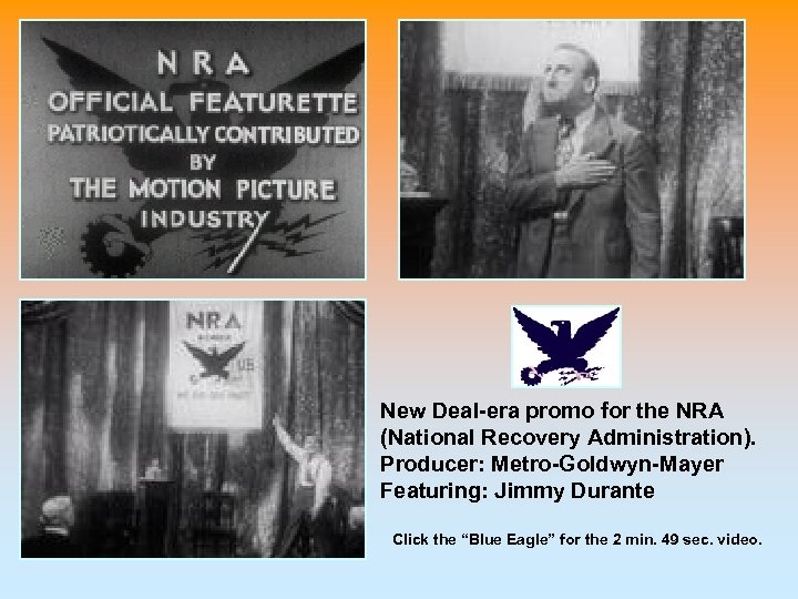 New Deal-era promo for the NRA (National Recovery Administration). Producer: Metro-Goldwyn-Mayer Featuring: Jimmy Durante