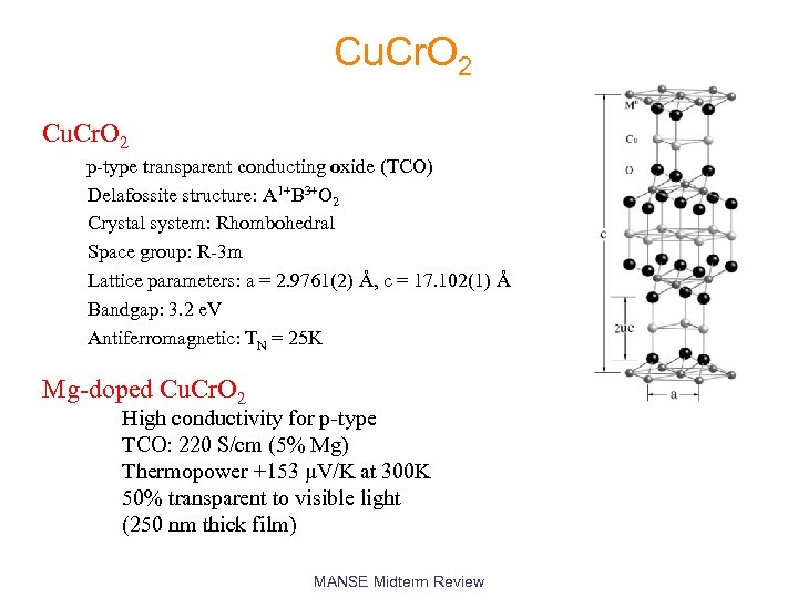 Cu. Cr. O 2 p-type transparent conducting oxide (TCO) Delafossite structure: A 1+B 3+O