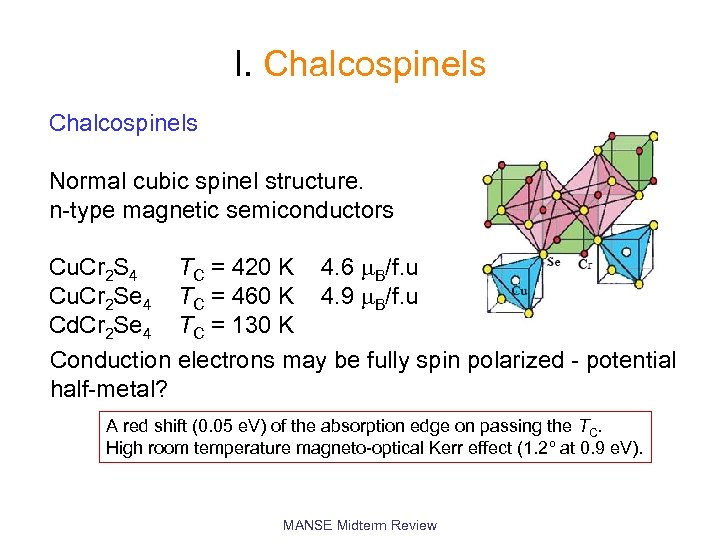I. Chalcospinels Normal cubic spinel structure. n-type magnetic semiconductors Cu. Cr 2 S 4