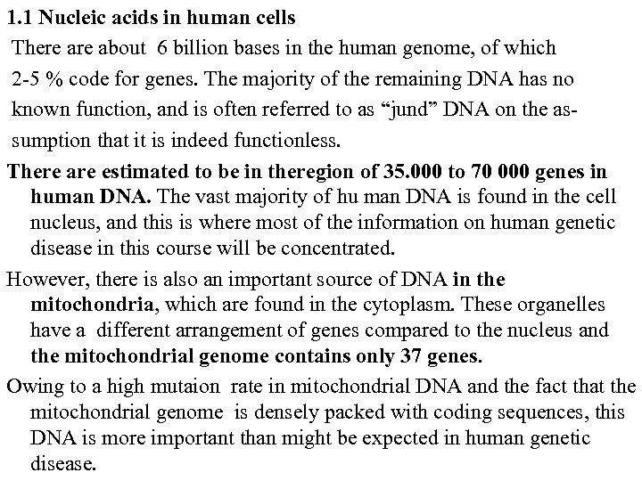 1. 1 Nucleic acids in human cells There about 6 billion bases in the