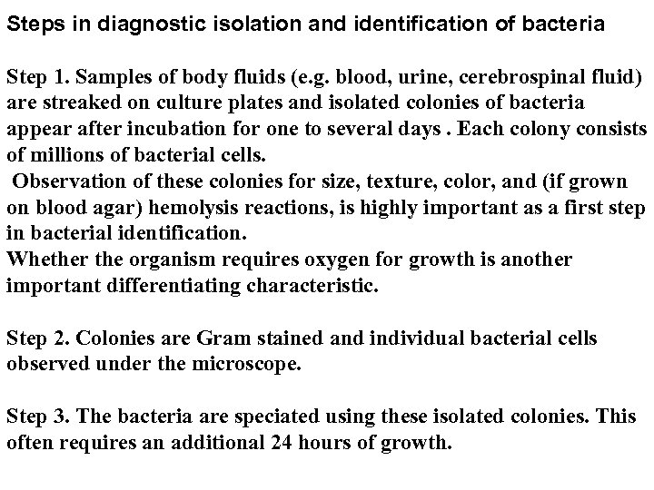 Steps in diagnostic isolation and identification of bacteria Step 1. Samples of body fluids