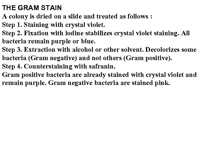 THE GRAM STAIN A colony is dried on a slide and treated as follows