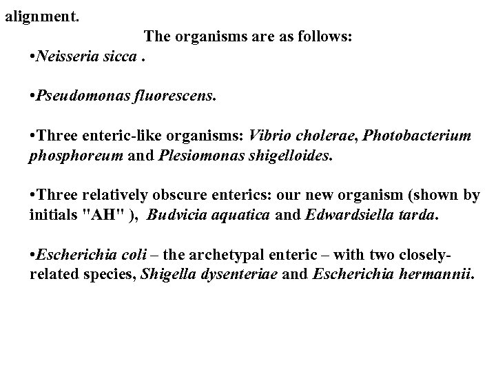 alignment. The organisms are as follows: • Neisseria sicca. • Pseudomonas fluorescens. • Three