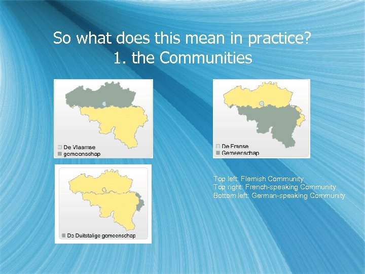 So what does this mean in practice? 1. the Communities Top left: Flemish Community