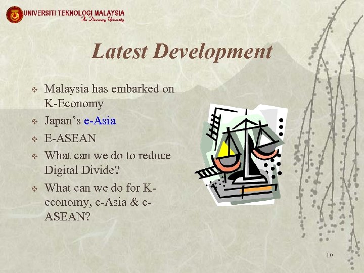 Latest Development v v v Malaysia has embarked on K-Economy Japan’s e-Asia E-ASEAN What