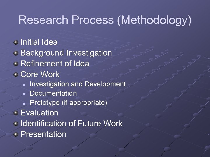 Research Process (Methodology) Initial Idea Background Investigation Refinement of Idea Core Work n n