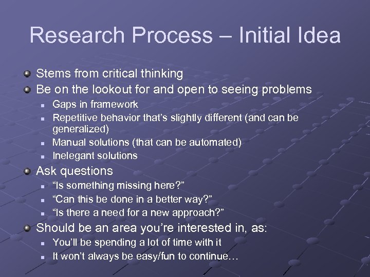 Research Process – Initial Idea Stems from critical thinking Be on the lookout for