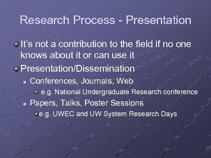 Research Process - Presentation It’s not a contribution to the field if no one