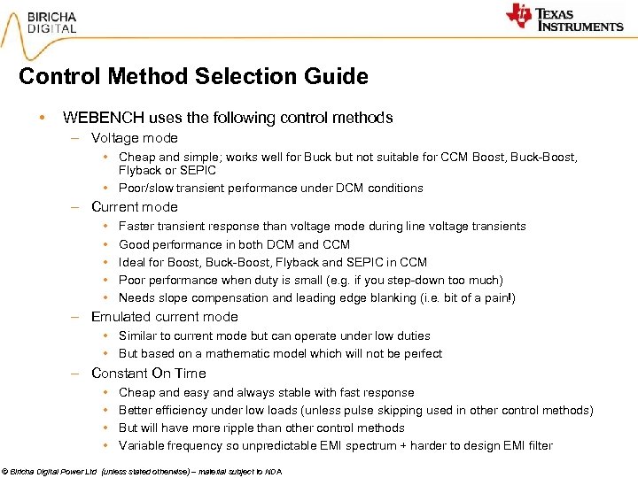 Control Method Selection Guide • WEBENCH uses the following control methods – Voltage mode