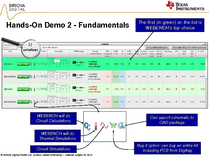 Hands-On Demo 2 - Fundamentals The first (in green) on the list is WEBENCH’s