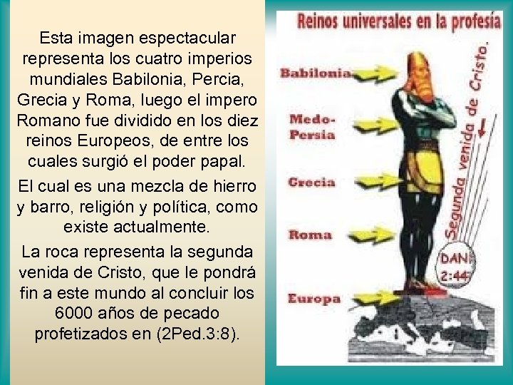 Esta imagen espectacular representa los cuatro imperios mundiales Babilonia, Percia, Grecia y Roma, luego