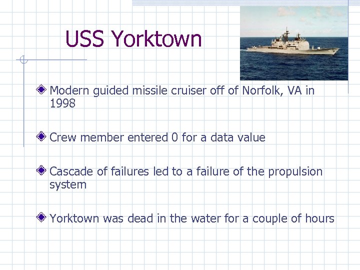 USS Yorktown Modern guided missile cruiser off of Norfolk, VA in 1998 Crew member