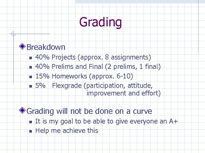 Grading Breakdown 40% 15% 5% Projects (approx. 8 assignments) Prelims and Final (2 prelims,
