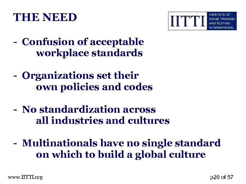THE NEED - Confusion of acceptable workplace standards - Organizations set their own policies