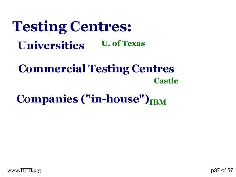 Testing Centres: Universities U. of Texas Commercial Testing Centres Castle Companies (