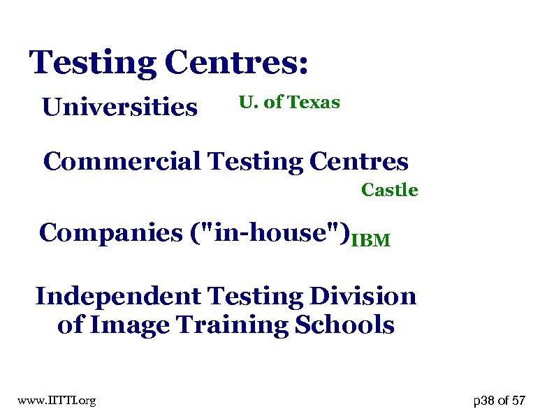 Testing Centres: Universities U. of Texas Commercial Testing Centres Castle Companies (
