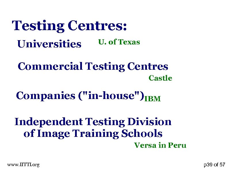 Testing Centres: Universities U. of Texas Commercial Testing Centres Castle Companies (