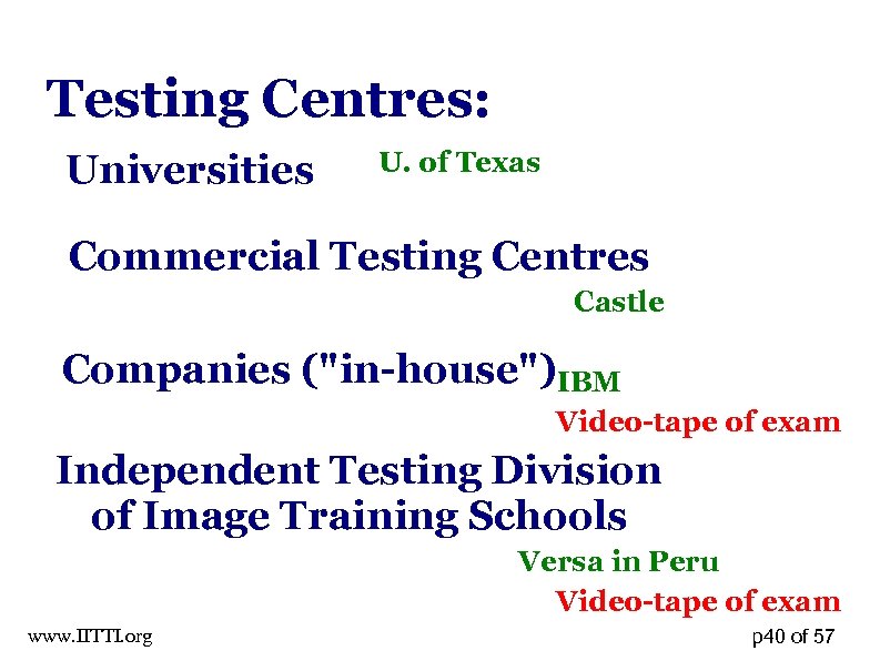 Testing Centres: Universities U. of Texas Commercial Testing Centres Castle Companies (