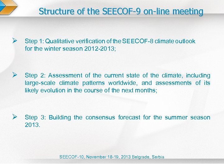 Structure of the SEECOF-9 on-line meeting Ø Step 1: Qualitative verification of the SEECOF-8