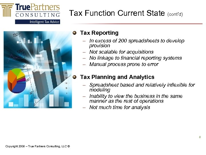 Tax Function Current State (cont’d) Tax Reporting – In excess of 200 spreadsheets to