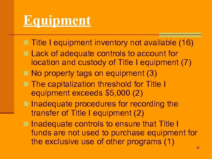 Equipment n Title I equipment inventory not available (16) n Lack of adequate controls