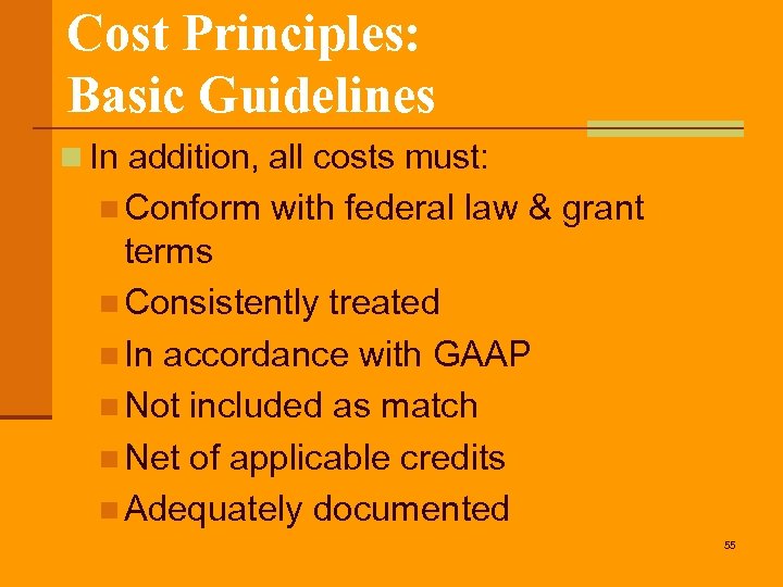Cost Principles: Basic Guidelines n In addition, all costs must: n Conform with federal