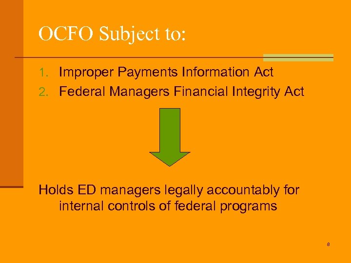 OCFO Subject to: 1. Improper Payments Information Act 2. Federal Managers Financial Integrity Act