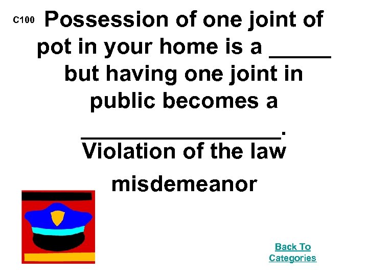 C 100 Possession of one joint of pot in your home is a _____