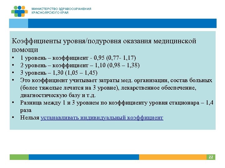 МИНИСТЕРСТВО ЗДРАВООХРАНЕНИЯ КРАСНОЯРСКОГО КРАЯ Коэффициенты уровня/подуровня оказания медицинской помощи • • 1 уровень –