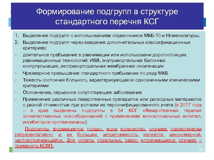 Формирование подгрупп в структуре стандартного перечня КСГ МИНИСТЕРСТВО ЗДРАВООХРАНЕНИЯ КРАСНОЯРСКОГО КРАЯ 1. Выделение подгрупп