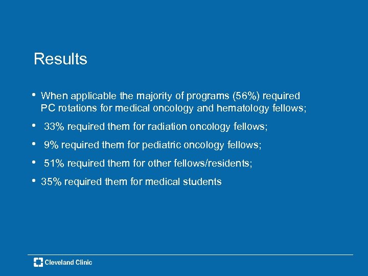 Results • When applicable the majority of programs (56%) required PC rotations for medical