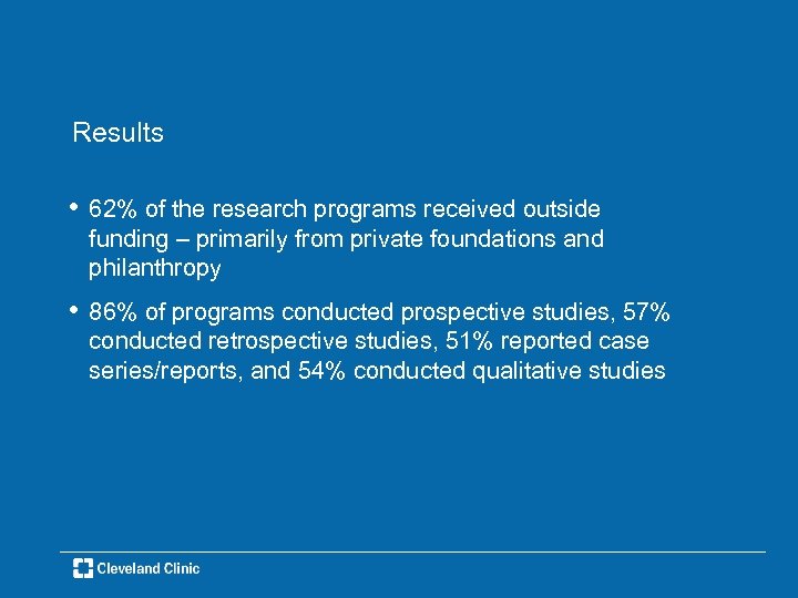 Results • 62% of the research programs received outside funding – primarily from private